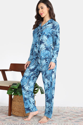 Buy Zivame Indigo Wild Knit Poly Pyjama Set - Moonlight Ocean at